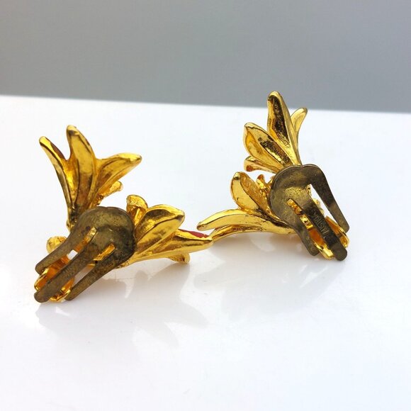 Vintage Austrian Lily Floral Clip-On Earrings Gold Tone & Rhinestones - Picture 3 of 4